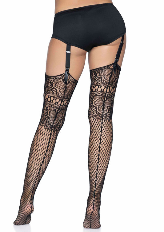 85136 leg avenue fishnet backseam stockings with lace top