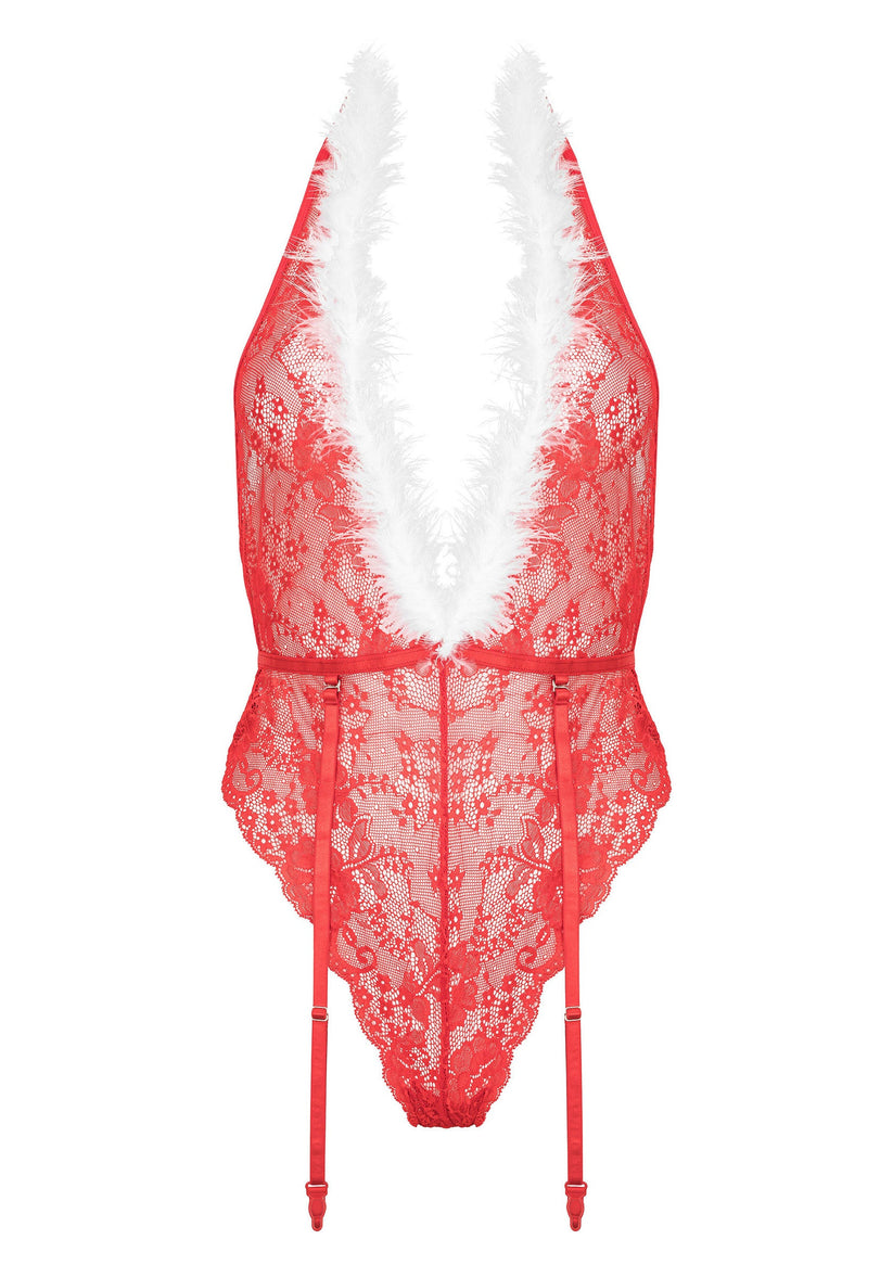 Kristinella Bodysuit Rot 2 Kristinella Bodysuit Rot | Mesh-Body mit Federn & Strapsen | RaiX