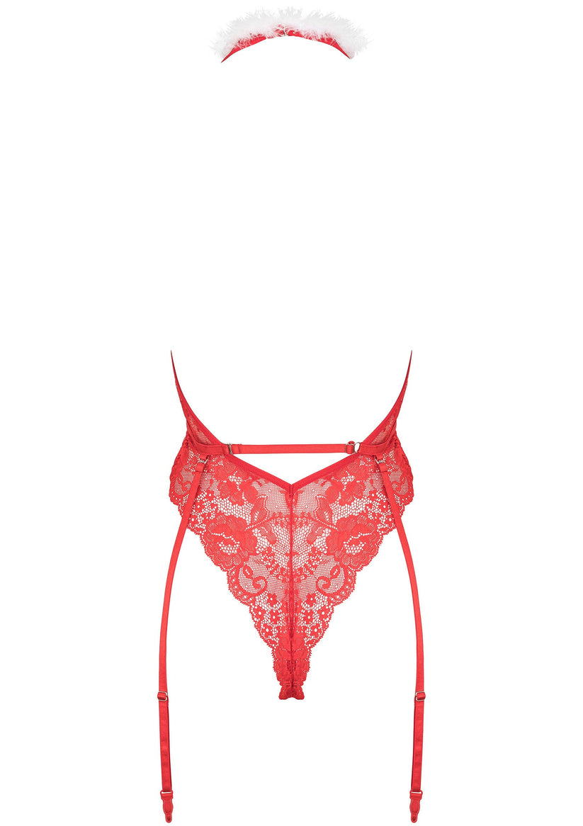 Kristinella Bodysuit Rot 3 Kristinella Bodysuit Rot | Mesh-Body mit Federn & Strapsen | RaiX