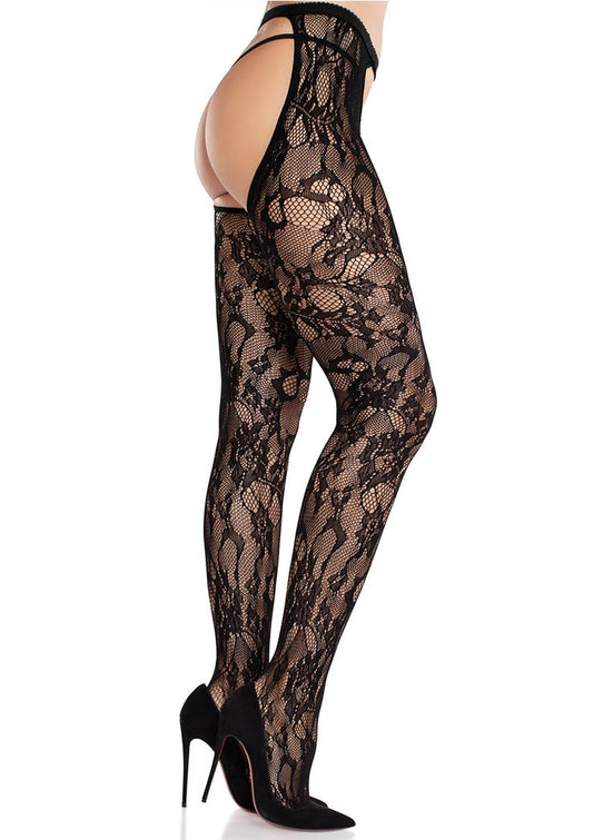 Rose Lace Crotchless Tights with Open Back
