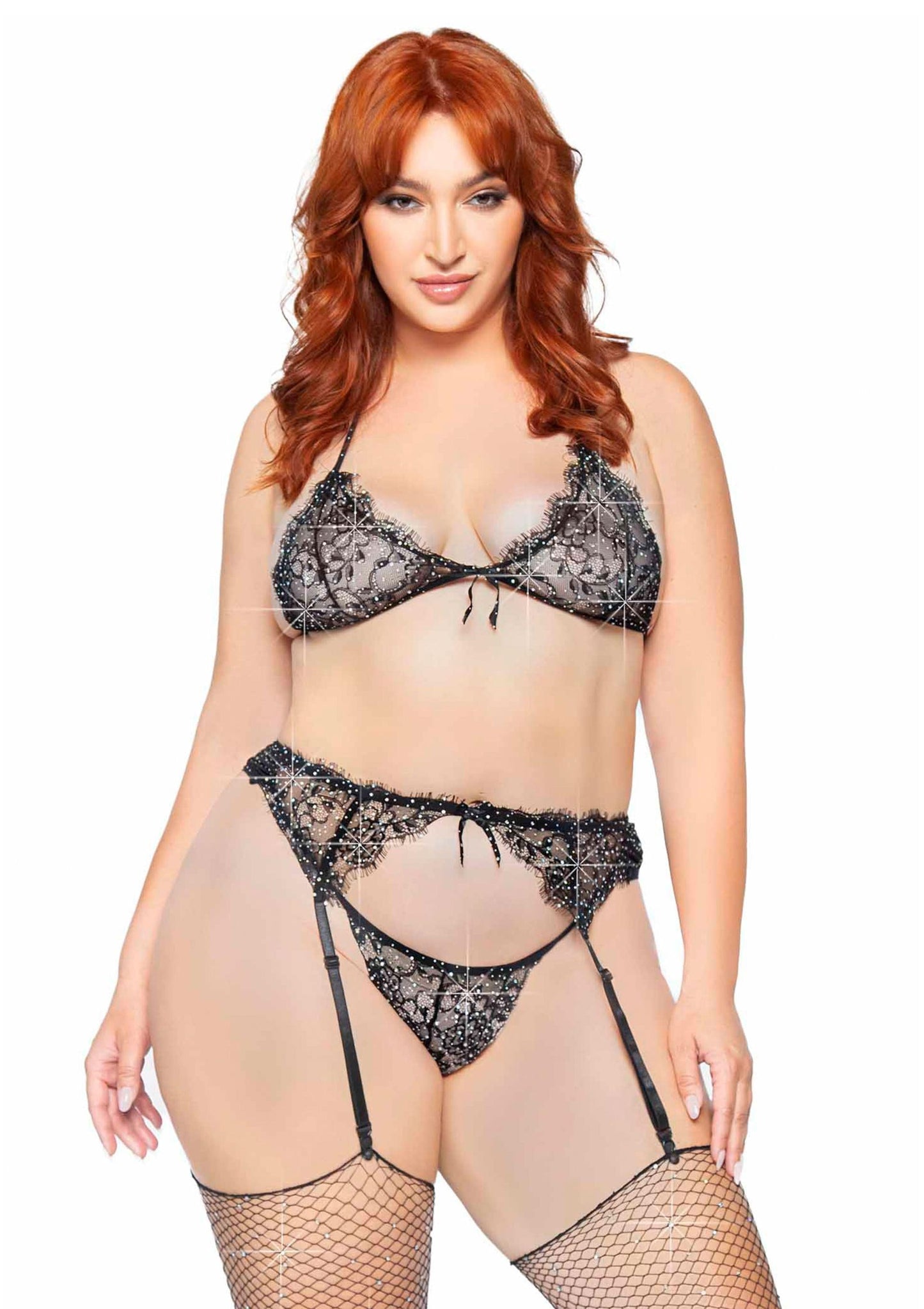 Plus Lace Bra Top, String and Garter Belt