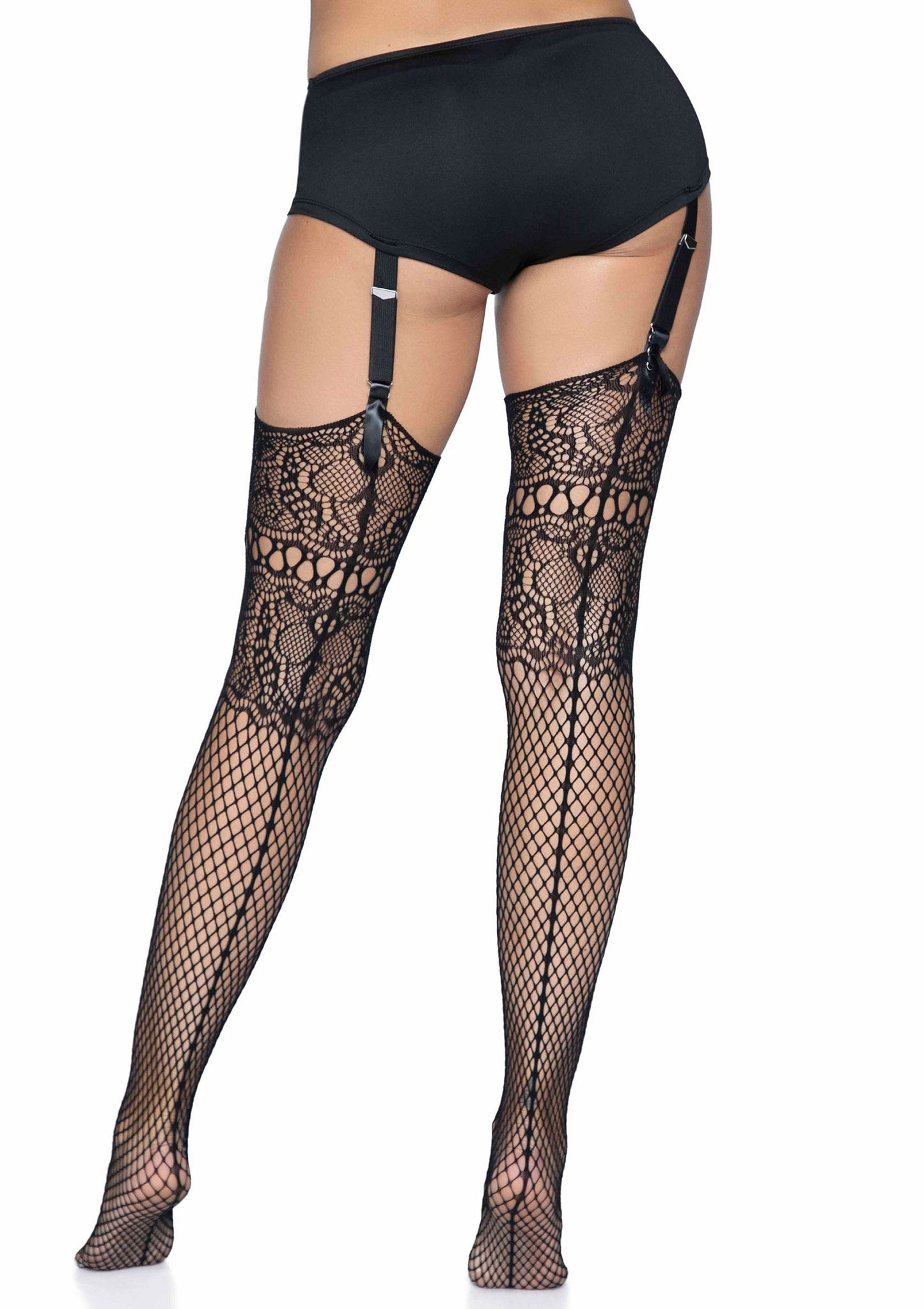 85136 leg avenue fishnet backseam stockings with lace top