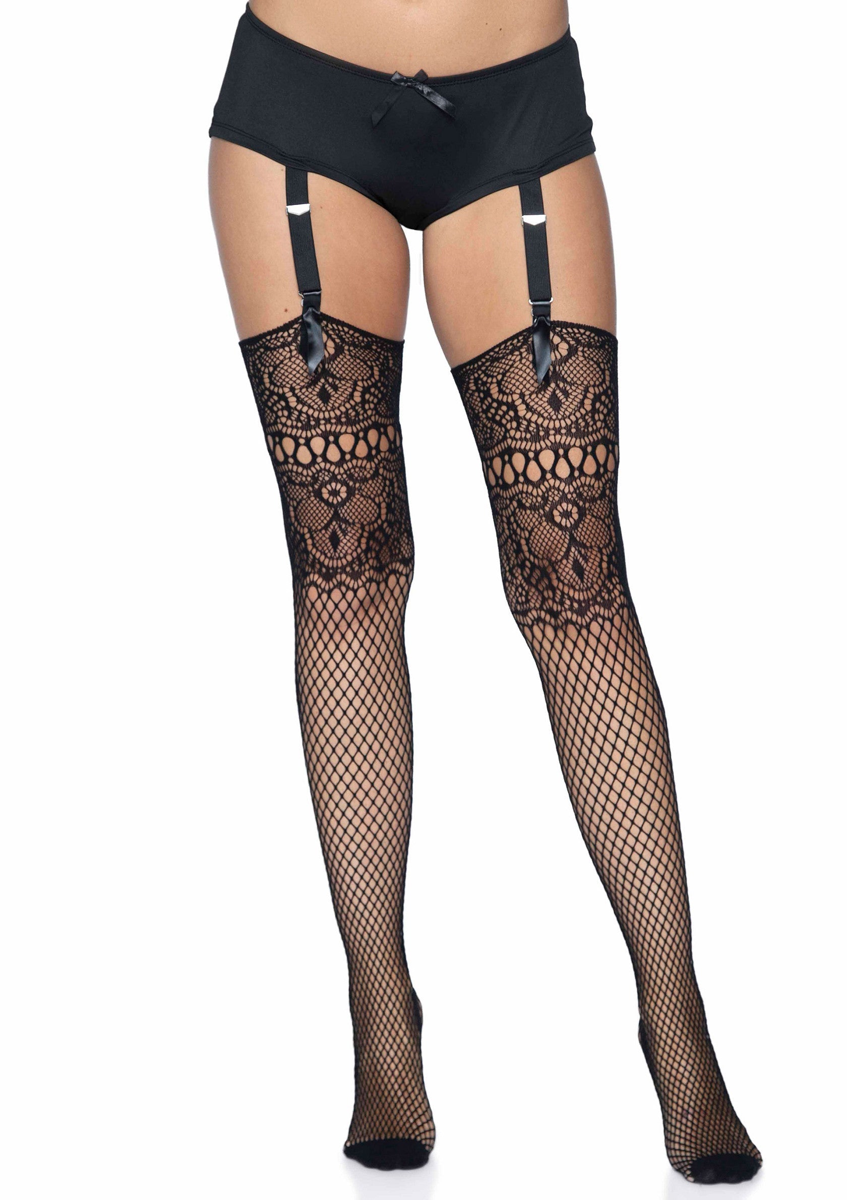 85136 leg avenue fishnet backseam stockings with lace top