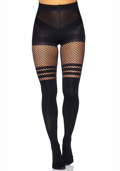 85138 leg avenue seamless opaque pantyhose with fishnet stripe