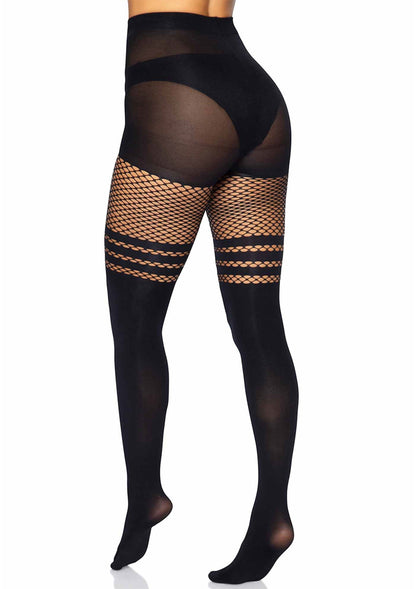 85138 leg avenue seamless opaque pantyhose with fishnet stripe