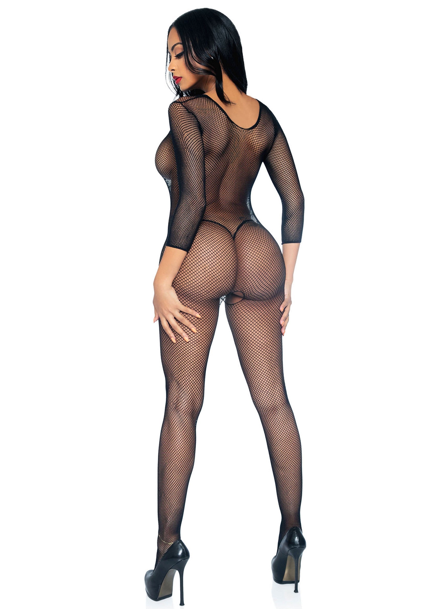 85395 leg avenue very sexy lingerie fishnet v front long sleeves bodystocking