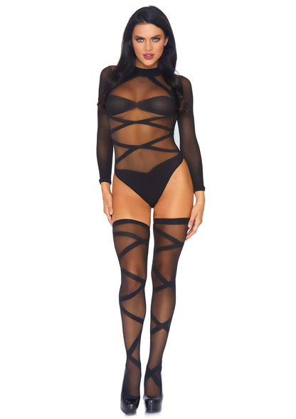 85397 leg avenue very sexy lingerie opaque criss cross bodysuit and thigh highs