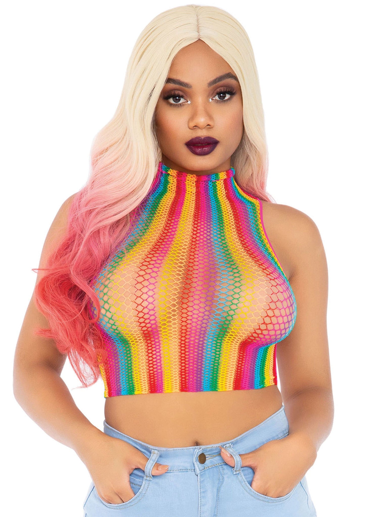 86552 leg avenue rainbow net high neck crop top