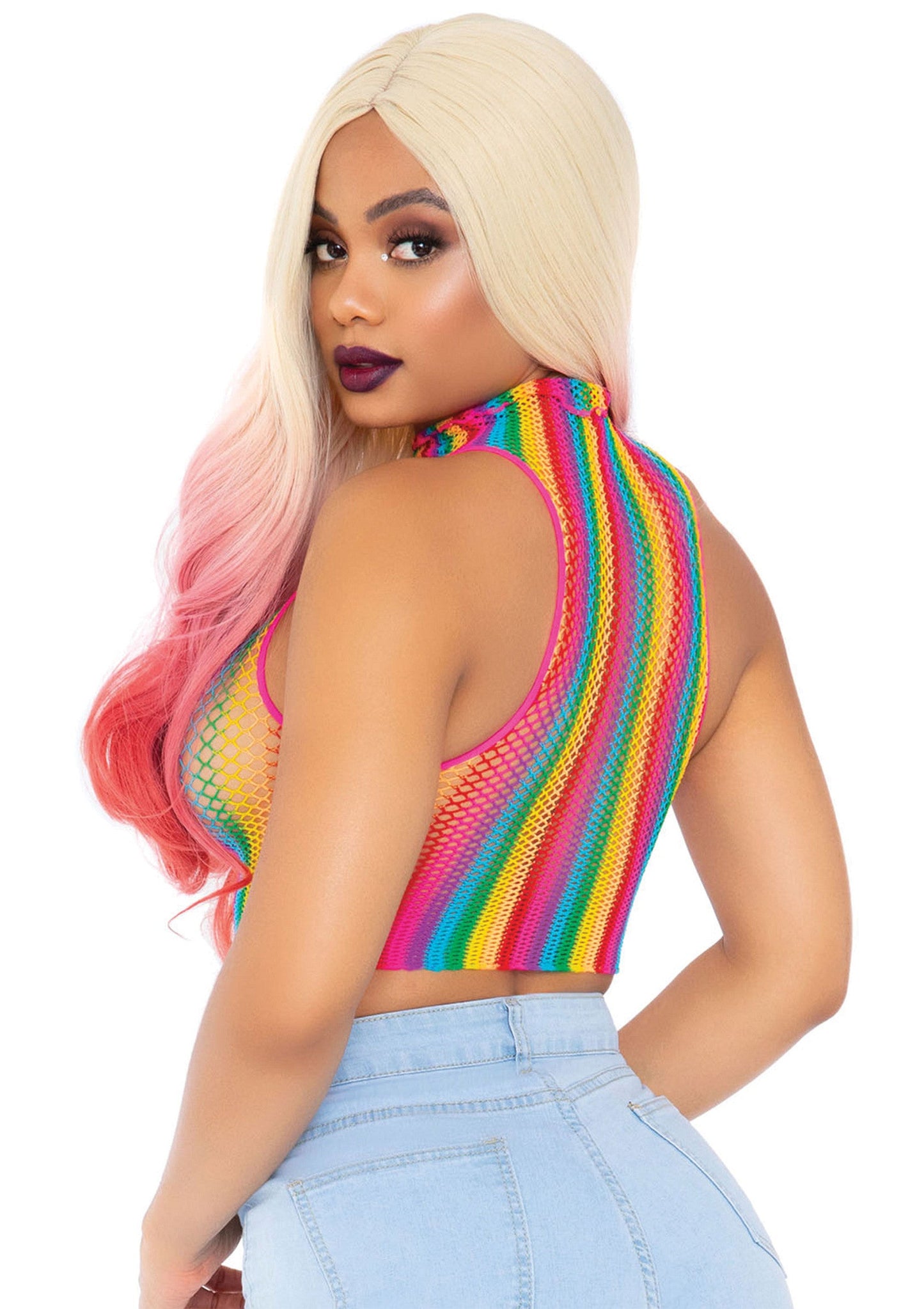 86552 leg avenue rainbow net high neck crop top