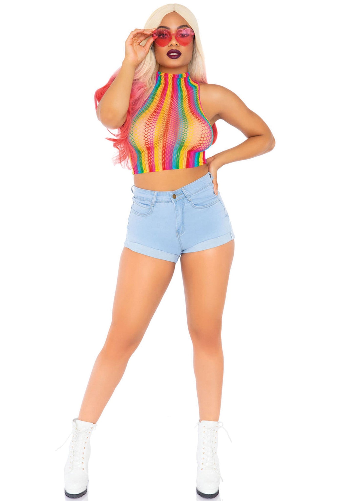 86552 leg avenue rainbow net high neck crop top