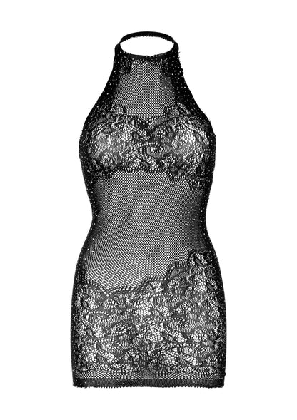 86611 leg avenue rhinestone lace and net halter mini dress