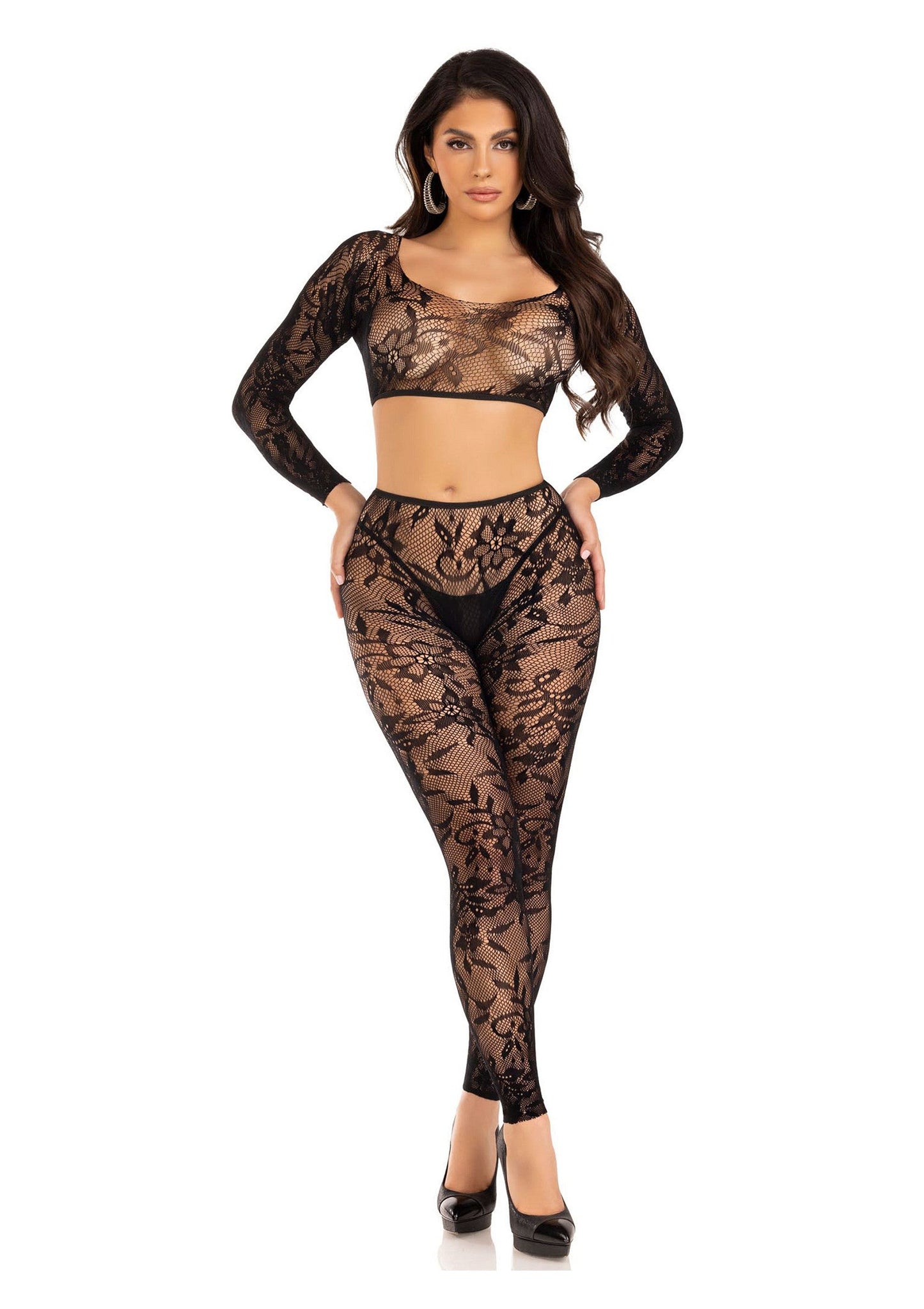 86649 leg avenue very sexy lingerie lace crop top and footless tights