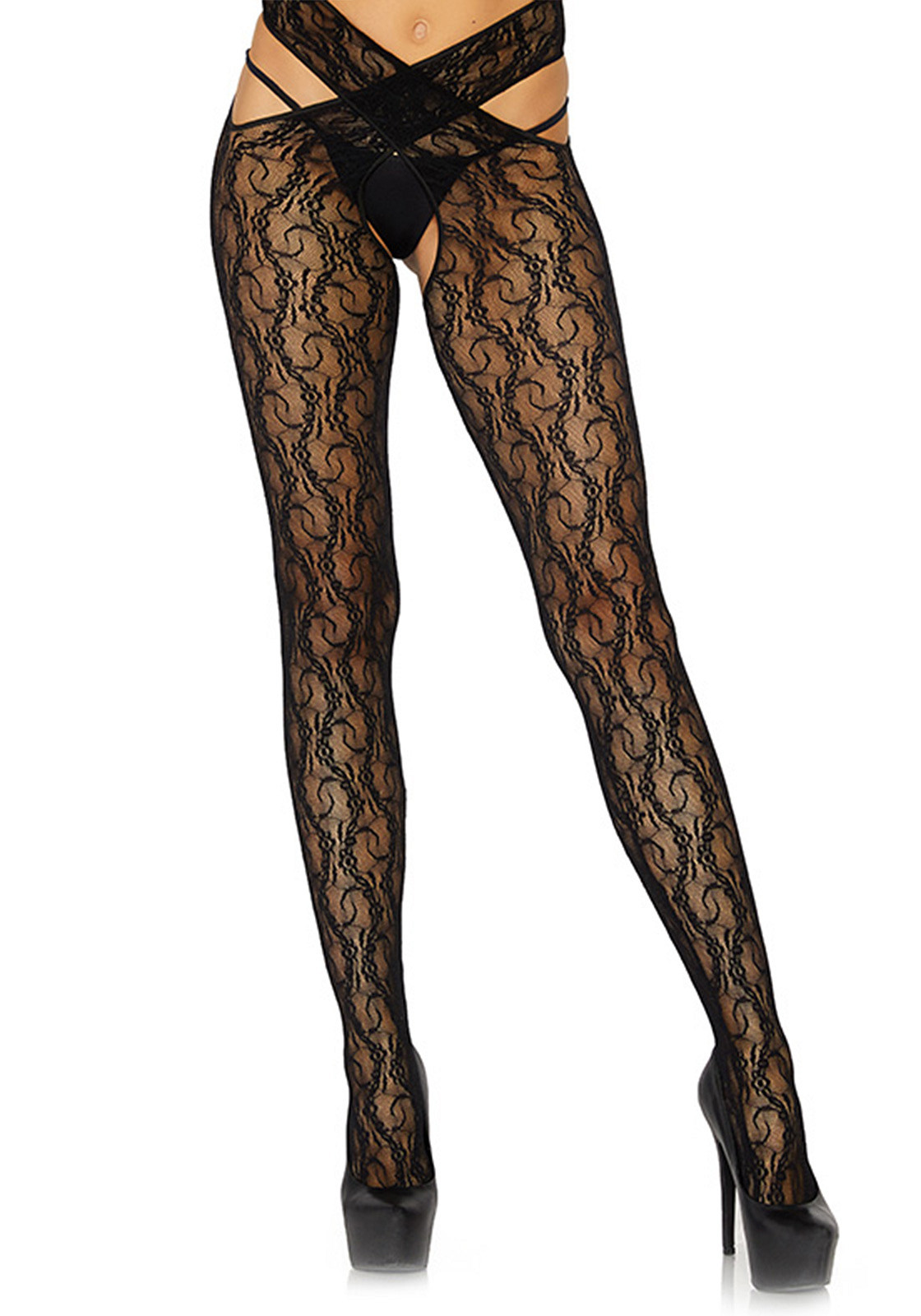 floral crotchless wrap tights