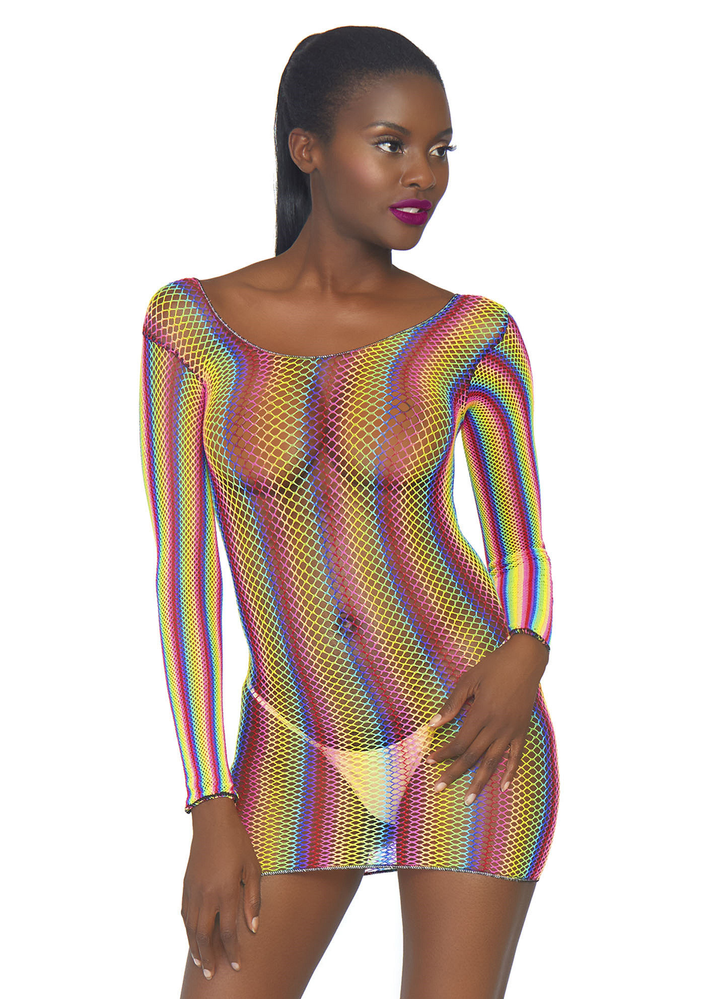 Rainbow fishnet mini dress