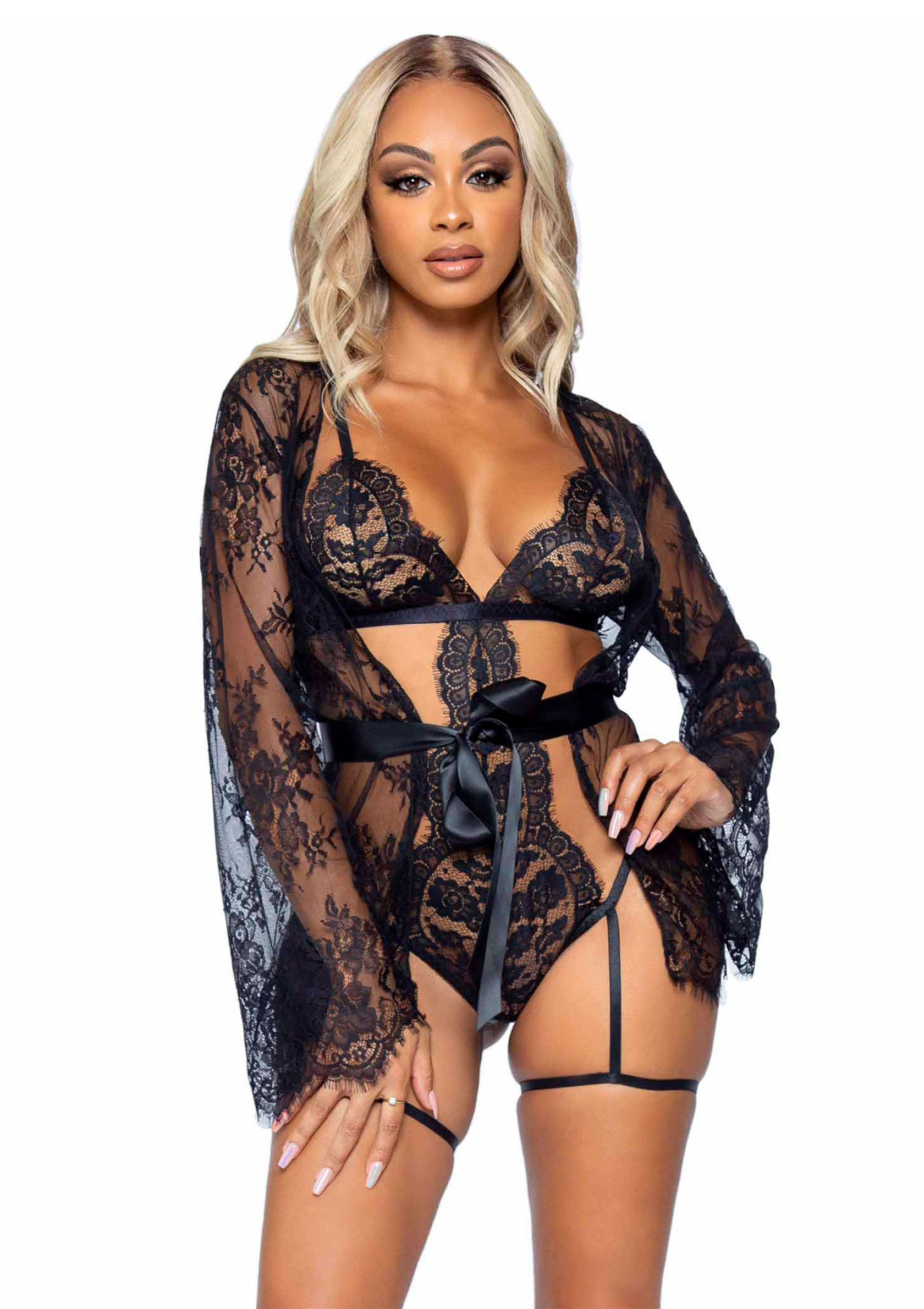 Teddy, lace robe & ribbon tie